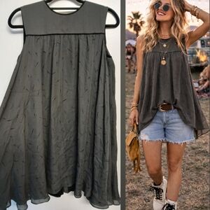 Silk SWORD & DAGGER Flowy BABYDOLL TUNIC Dress Festival Olive TOP Women's Size 2